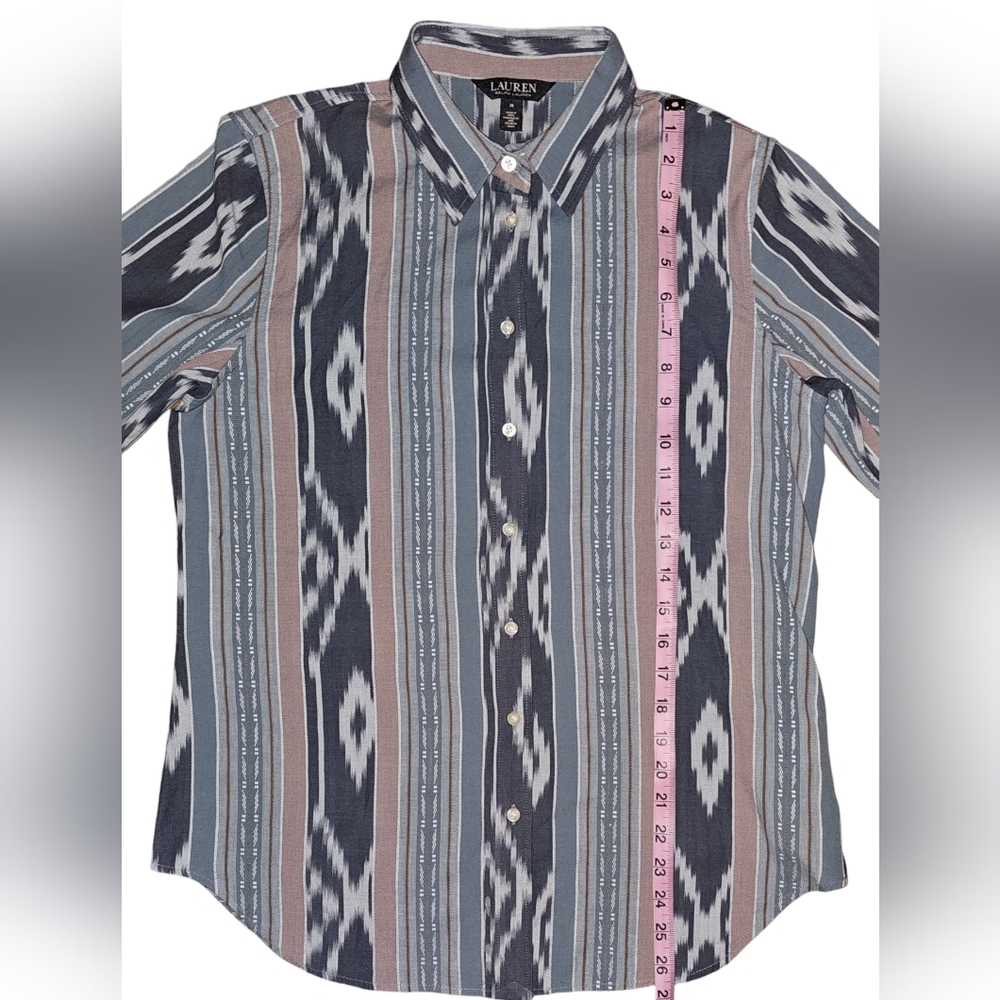 Lauren Ralph Lauren Ikat Stripe Button Down Shirt Southwestern Boho Cotton Sz M - Picture 13 of 16
